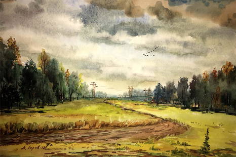 Forest and Fields watercolor painting A. Xorov: * TITLE: "Forest and Fields" * ARTIST: A. Xorov * SIZE: 21x30 cm/'6,69Ñ…9,44 inches' * MEDIUM: watercolor, cardboard * HAND PAINTED: Original painting from our collection * CERTIFICATE OF AUTHENTIC