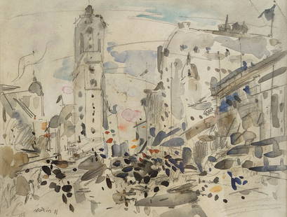 JOHN MARIN 1870-1953 WATERCOLOR ON PAPER TIME SQUARE VIEWS: JOHN MARIN 1870-1953 WATERCOLOR ON PAPER TIME SQUARE VIEWS. Image size 30cm by 39cm. Frame size 49cm by 58cm. Date 1911 and signed. John Marin was a seminal American modernist painter. He was one of