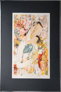 LE PHO VIETNAMESE COLOR LITHOGRAPH ON PAPER: LE PHO VIETNAMESE COLOR LITHOGRAPH ON PAPER. Le Pho " Mother and Son". Colour Lithography on paper. Executed 1955-1059. Size paper 55cm by 32.5cm.Frame size 76.5cm by 51cm. Private collection in