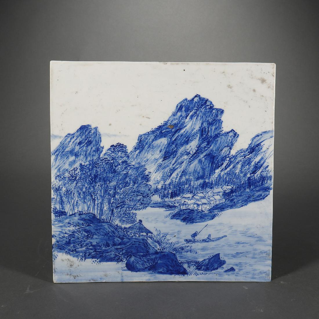 CHINESE PORCELAIN BLUE AND WHITE MOUNTAIN VIEWS PLAQUE (1 of 2)