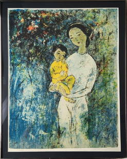 VU CAN DAM VIETNAMESE COLOR LITHOGRAPH ON PAPER: VU CAN DAM VIETNAMESE COLOR LITHOGRAPH ON PAPER. Vu Cao Dam ( 1908-2000). ""Maternity"" Colour Lithography on paper. Signed and dated on the bottom. Executed 1969. Number 12 /150. Paper size 65.5cm by