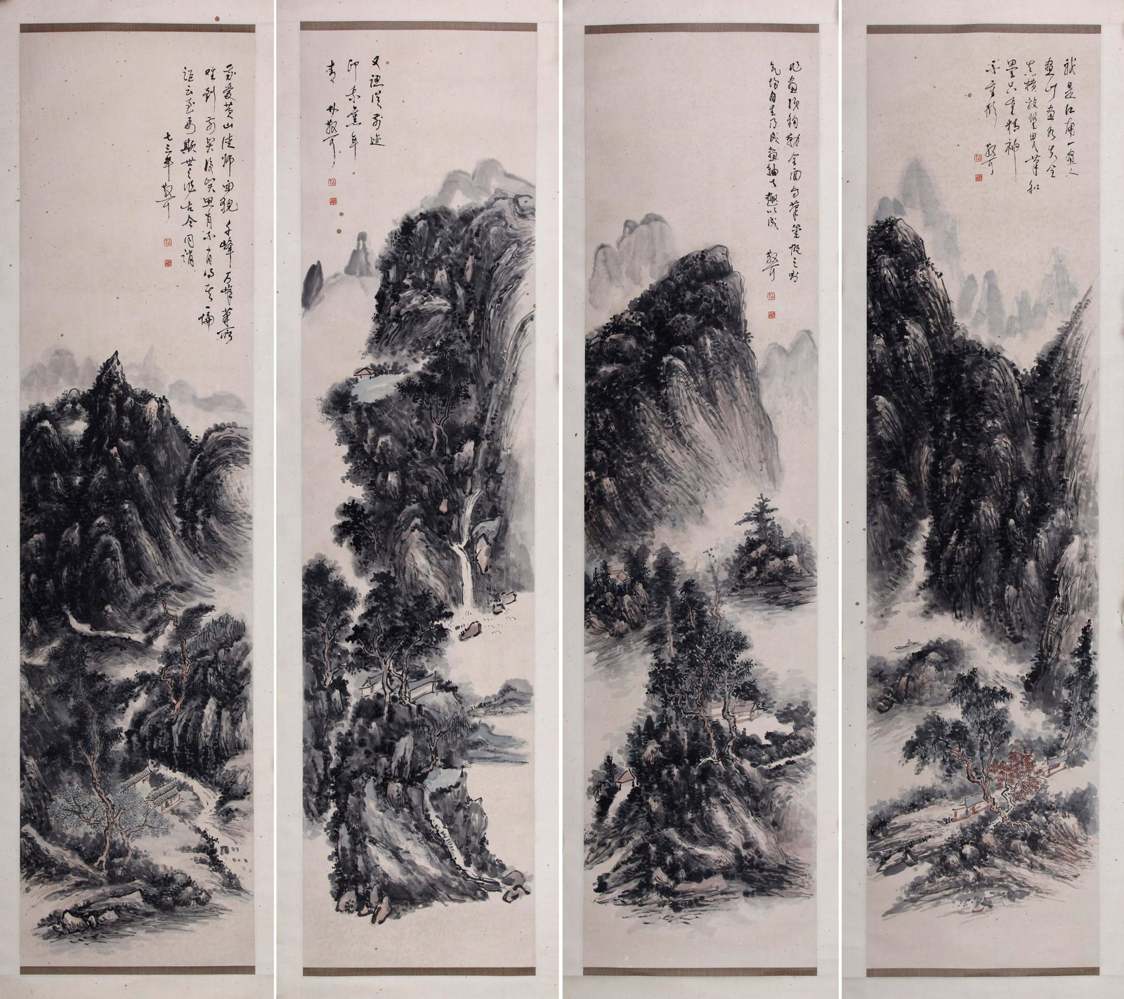 FOUR PANELS OF CHINESE SCROLL PAINTING OF MOUNTAIN VIEWS SIGNED BY LIN SANZHI (1 of 13)