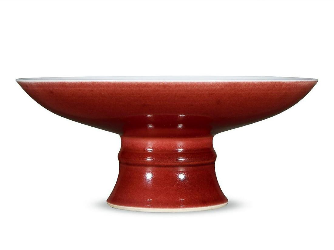 CHINESE PORCELAIN RED GLAZE STEM HIGH FEET PLATE (1 of 2)