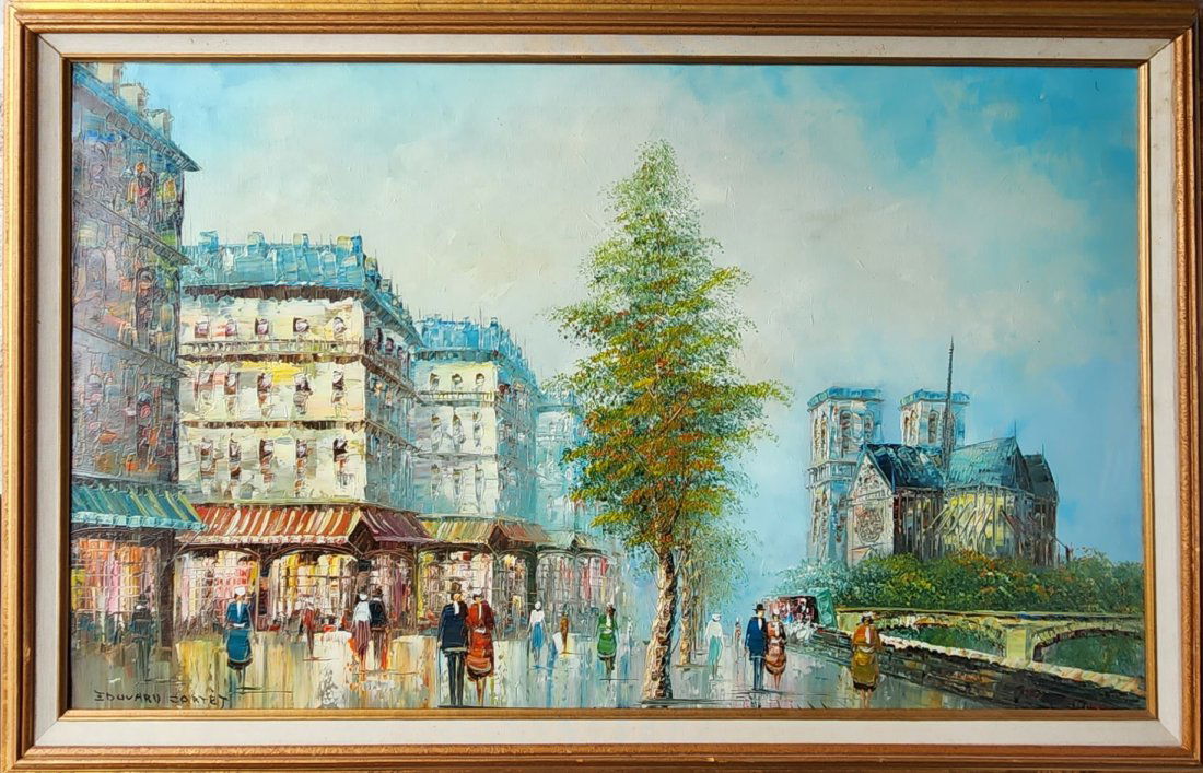 EDOUARD CORTES 1882-1969 FRENCH OIL PAINTING ON CANVAS: EDOUARD CORTES 1882-1969 FRENCH OIL PAINTING ON CANVAS. Edouard CORTES (1882-1969) French oil on canvas. Canvas size 35 3/4 x 21.5 inch. Frame size: 40 x 26 inch. Paris street sceneProvenance: Wally F