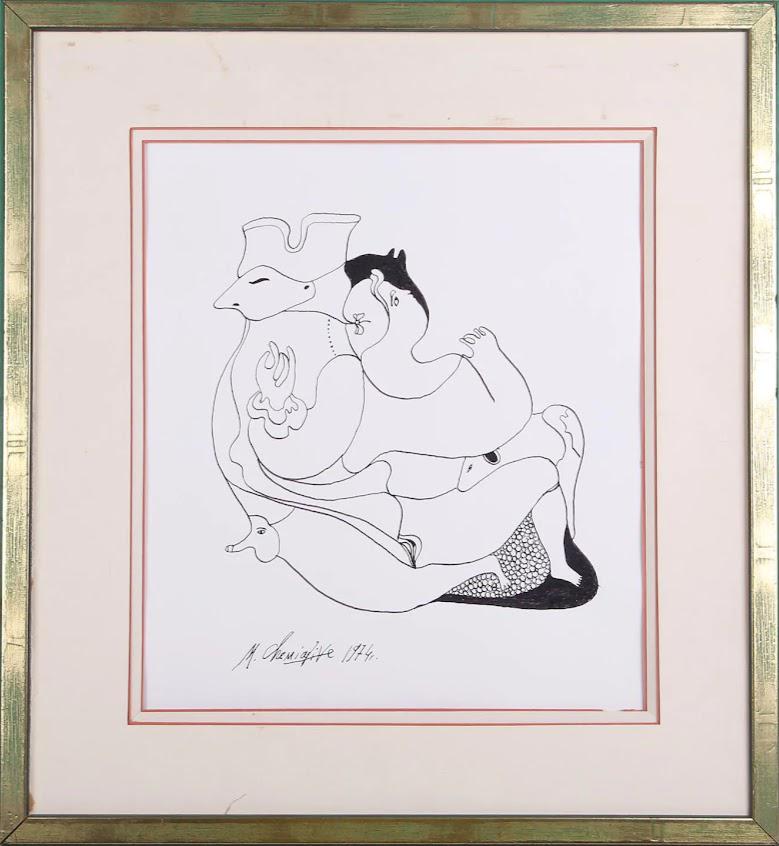 MICHAIL CHEMIAKIN B.1943 RUSSIAN EROTIC INK PAINTING ON PAPER: MICHAIL CHEMIAKIN B.1943 RUSSIAN EROTIC INK PAINTING ON PAPER. Michail Chemiakin Erotic drawing. ink on paper. Image size 12.5in by 11in. Mihail Chemiakin is a Russian painter best known for his Nonco