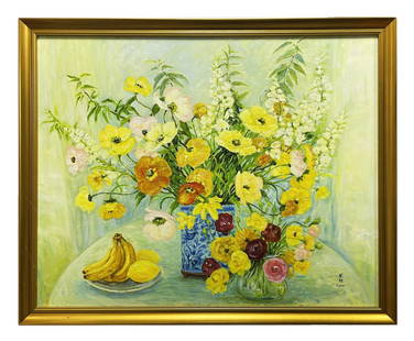 LE PHO 1907-2001 FRENCH VIETNAMESE OIL PAINTING ON CANVAS STILL LIFE: LE PHO 1907-2001 FRENCH VIETNAMESE OIL PAINTING ON CANVAS STILL LIFE. Le Pho. "" Floral still live"". Wally Findlay Galleries label on verso.Size canvas 100cm by 80cm. Le Pho was a French-Vietnamese