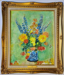 LE PHO 1907-2001 FRENCH VIETNAMESE OIL PAINTING ON CANVAS STILL LIFE FLOWER: LE PHO 1907-2001 FRENCH VIETNAMESE OIL PAINTING ON CANVAS STILL LIFE FLOWER. Canvas size 50.5cm by 40.5cm. Wally Findlay Galleries label on verso. Le Pho was a French-Vietnamese painter best known