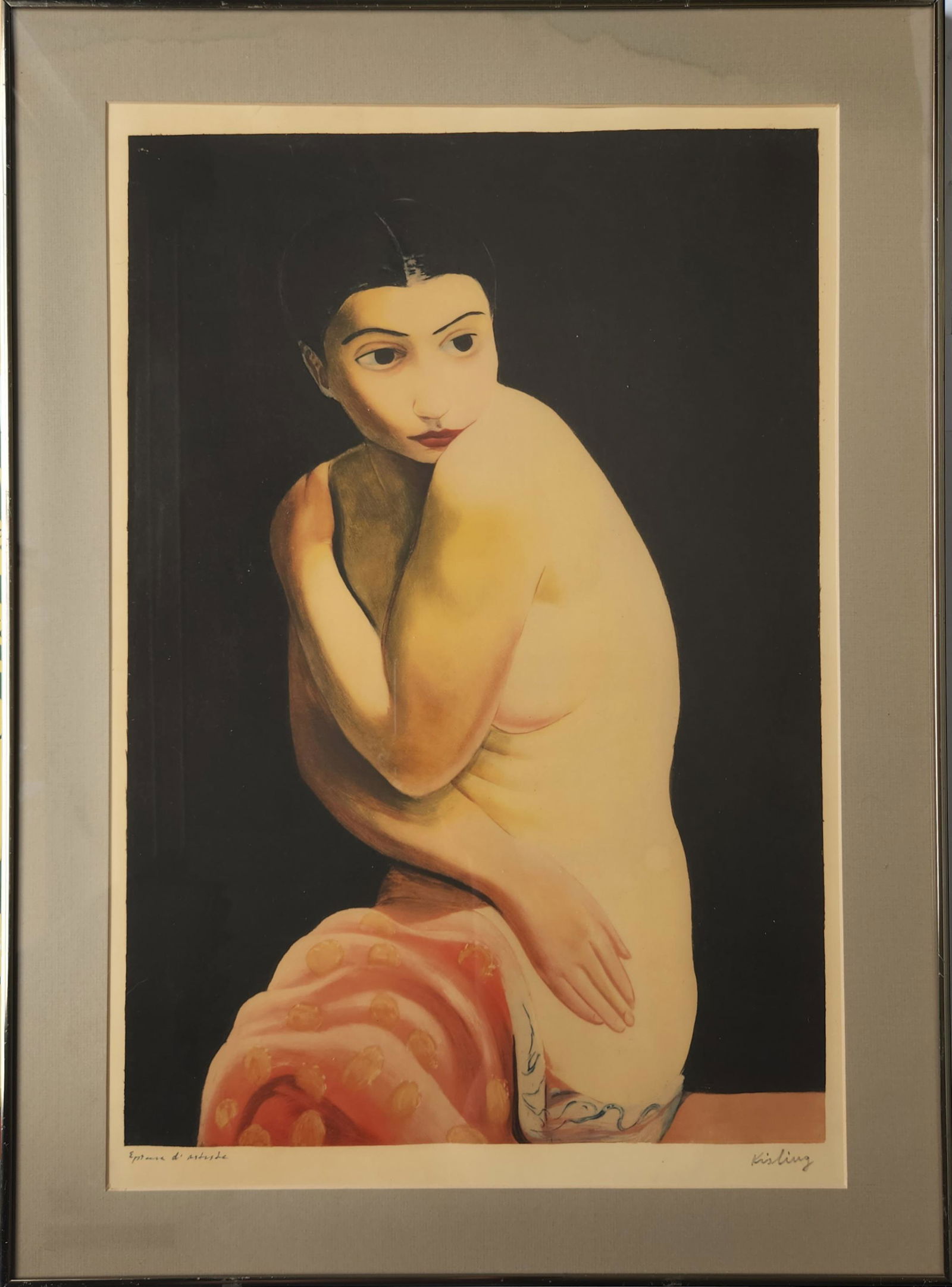 MOISE KISLING AQUATINT IN PAPER NUDE SIGNED: MOISE KISLING AQUATINT IN PAPER NUDE SIGNED. Moise Kisling Aquatint in color. Image only Size 60cm by 41cm. Moise Kisling was a French-Polish painter best known for his highly stylized, unsettling por