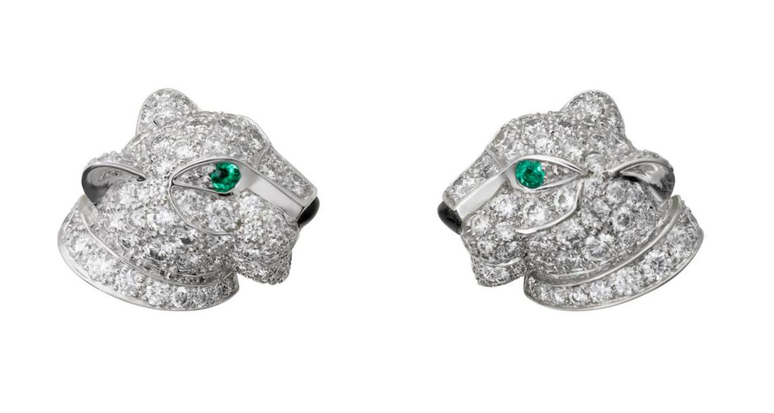 18K WHITE GOLD DIAMOND EMERALD ONYX PANTHERE DE CARTIER EARRINGS (1 of 2)