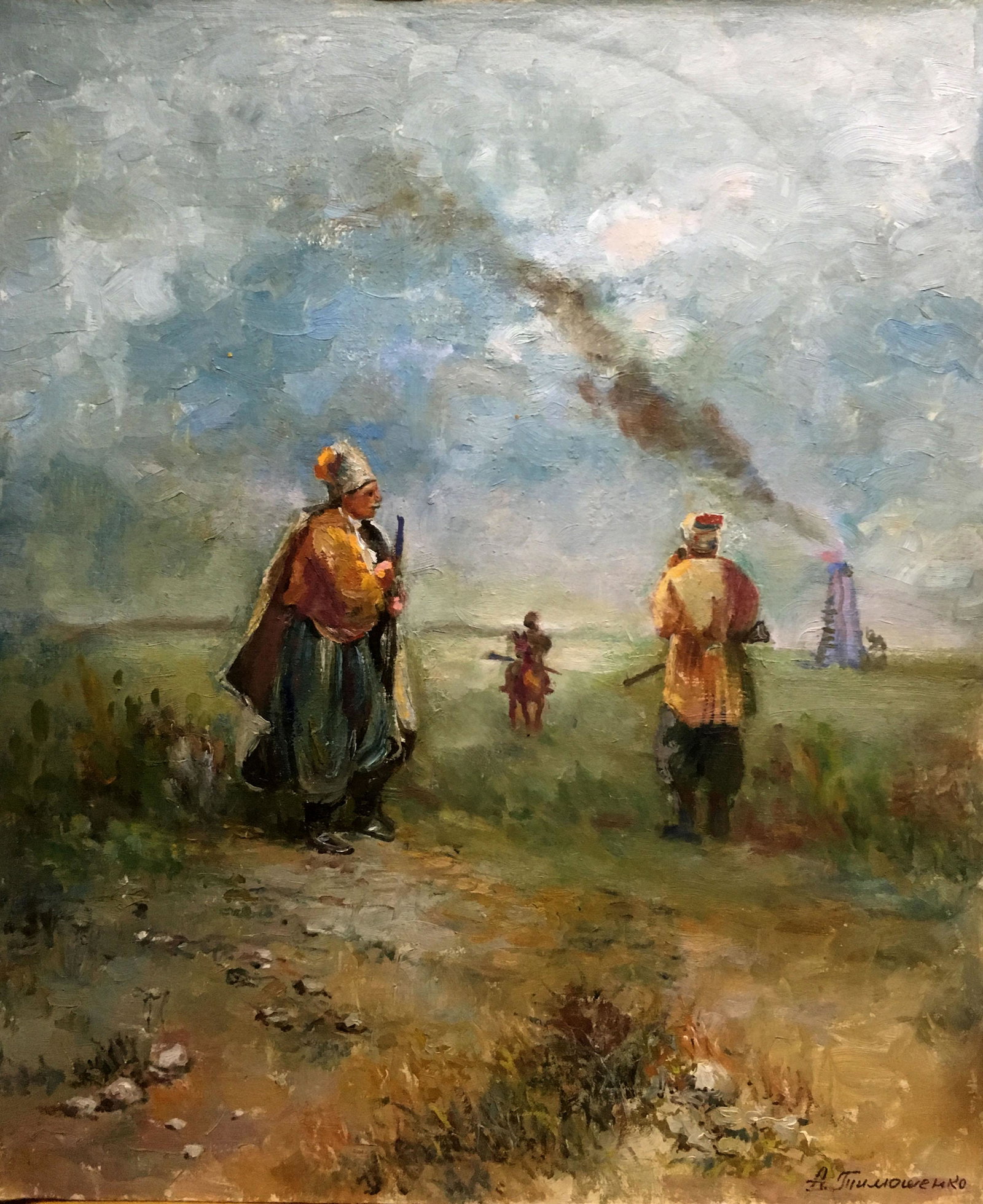 Oil painting Cossacks in the yard Alexey Nikolaevich Timoshenko: * TITLE: "Cossacks in the yard" * ARTISTS: Alexey Nikolaevich Timoshenko * SIZE: 60x50 cm/'23.62Ñ…19.68 inches' * MEDIUM: oil, cardboard * HAND PAINTED: Original painting from our collection * CERT