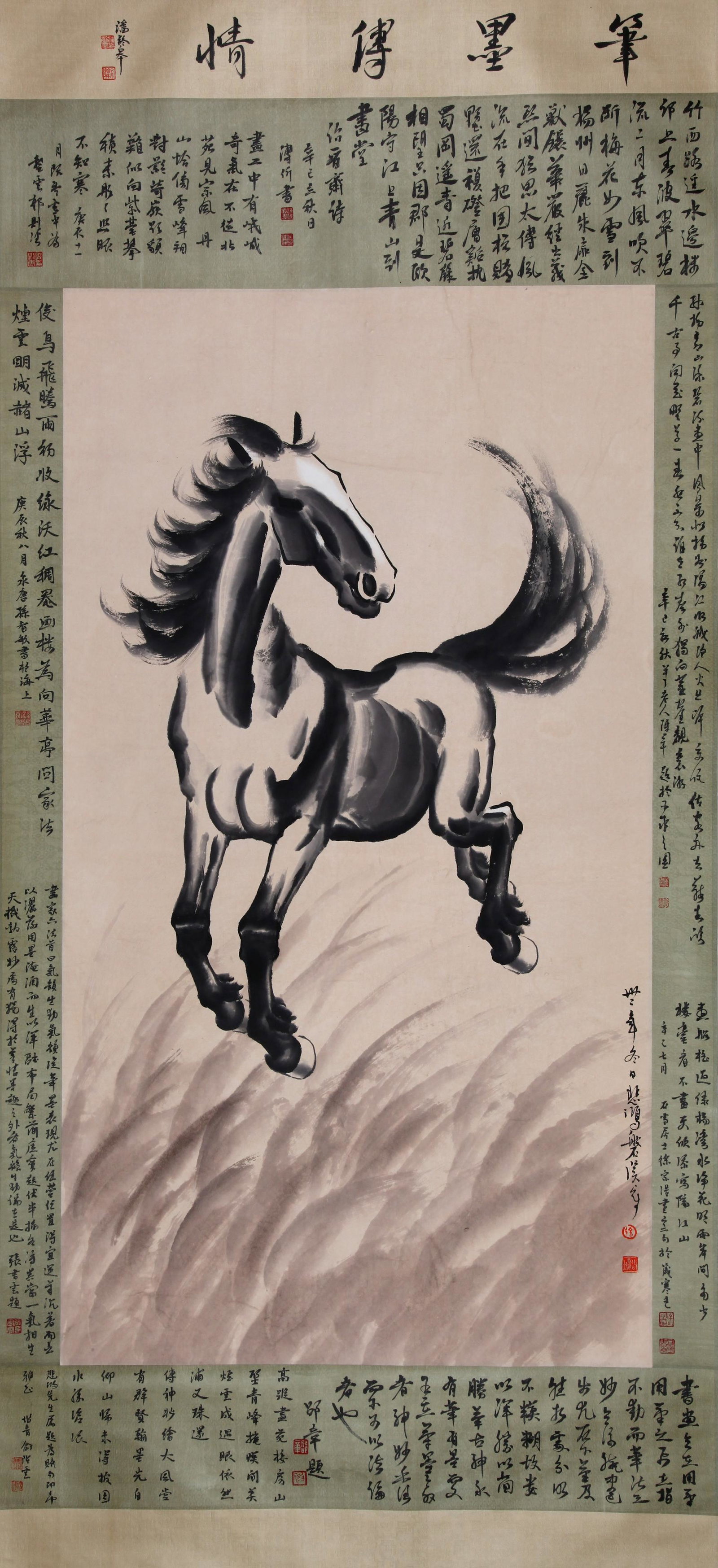 CHINESE SCROLL PAINTING OF HORSE WITH CALLIGRAPHY SIGNED BY XU BEIHONG: CHINESE SCROLL PAINTING OF HORSE WITH CALLIGRAPHY SIGNED BY XU BEIHONG. Image only size 102.5 by 56cm. Shipping cost $30 to US 48 states and $100 for oversea International delivery. Local pickup at ou