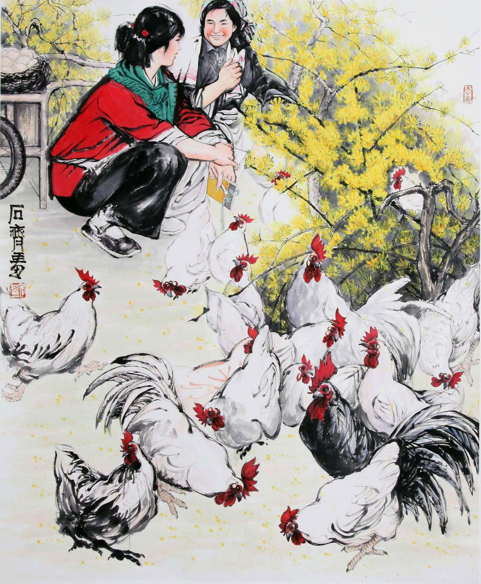 CHINESE SCROLL PAINTING OF GIRLS AND CHICKEN SIGNED BY SHIQI (1 of 4)