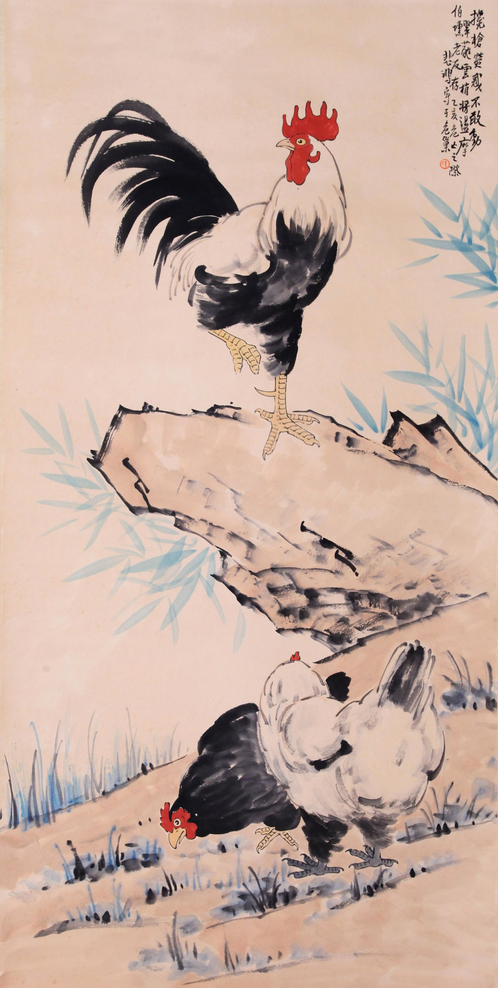 CHINESE SCROLL PAINTING OF ROOSTER ON ROCK SIGNED BY XU BEIHONG: CHINESE SCROLL PAINTING OF ROOSTER ON ROCK SIGNED BY XU BEIHONG. Image only size 135 by 68cm. Shipping cost $30 to US 48 states and $100 for oversea International delivery. Local pickup at our office 