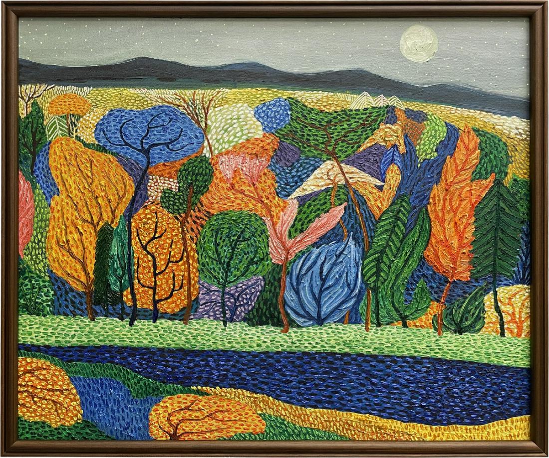 MATTHEW WONG 1984-2019 WANG JUNJIE CANADIAN-CHINESE OIL PAINTING ON CANVAS: MATTHEW WONG 1984-2019 WANG JUNJIE CANADIAN-CHINESE OIL PAINTING ON CANVAS MOONLIGHT MELODY. Matthew Wong. " Starry Night". Size 60cm by 50cm. Date as 2017. Matthew Wong (b. 1984, Toronto, Canada; d. 