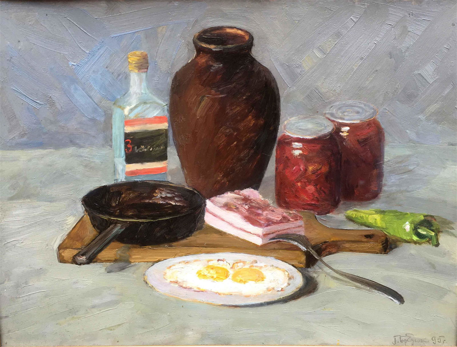 Oil painting food and drink salo eggs vodka bread, borsh Bredyuk Pavel Feodosiyevich (1 of 10)