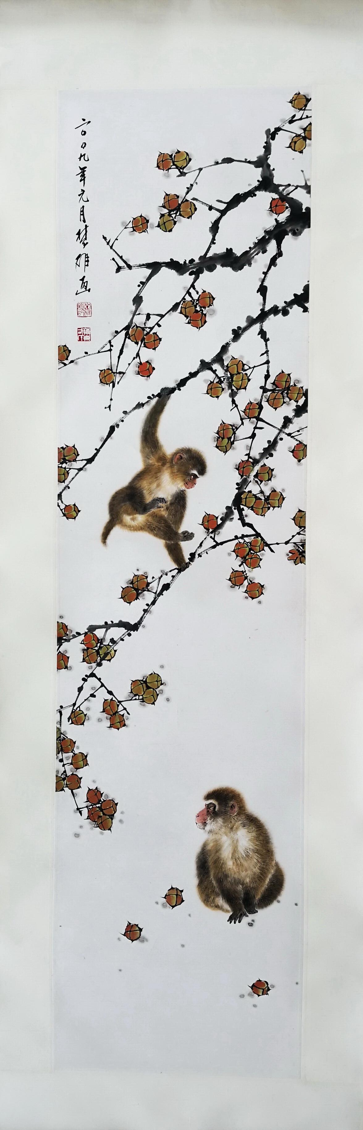 CHINESE SCROLL PAINTING OF MONKEY ON TREE SIGNED BY FANG CHUXIONG: CHINESE SCROLL PAINTING OF MONKEY ON TREE SIGNED BY FANG CHUXIONG. Image only size 135cm by 34cm. Shipping cost $30 to US 48 states and $100 for oversea International delivery. Local pickup at our off