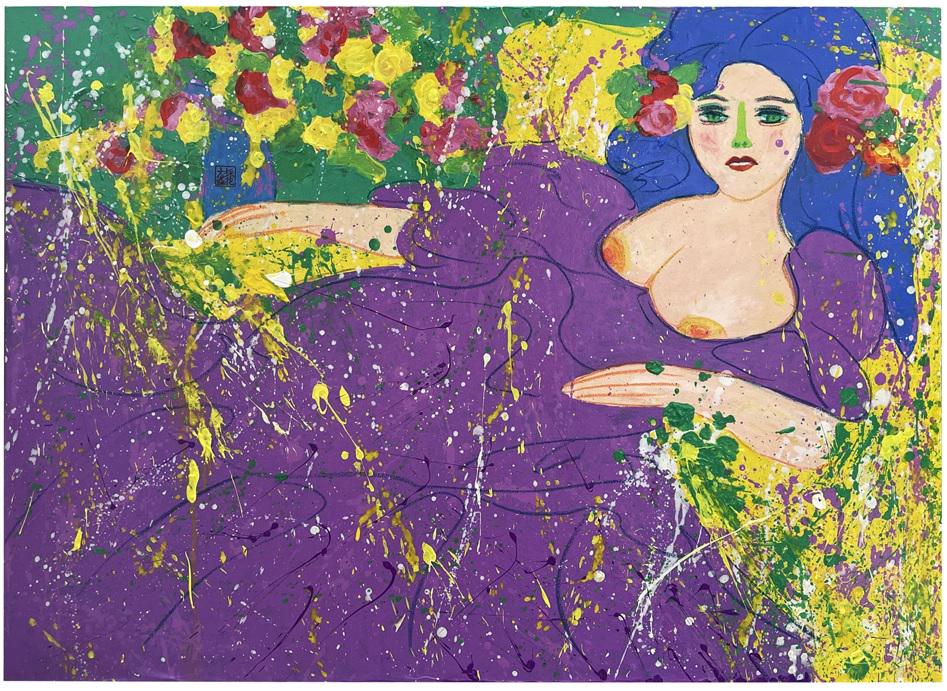 WALASSE TING 1929-2010 AMERICAN-CHINESE NUDE ACRYLIC PAINTING ON PAPER MOUNTED ON CANVAS: WALASSE TING 1929-2010 AMERICAN-CHINESE NUDE ACRYLIC PAINTING ON PAPER MOUNTED ON CANVAS. Size 90cm by 65cm. Acrylic on paper. Titled as Lady in purple shirt. and signed on verso. Stamp on the left. D