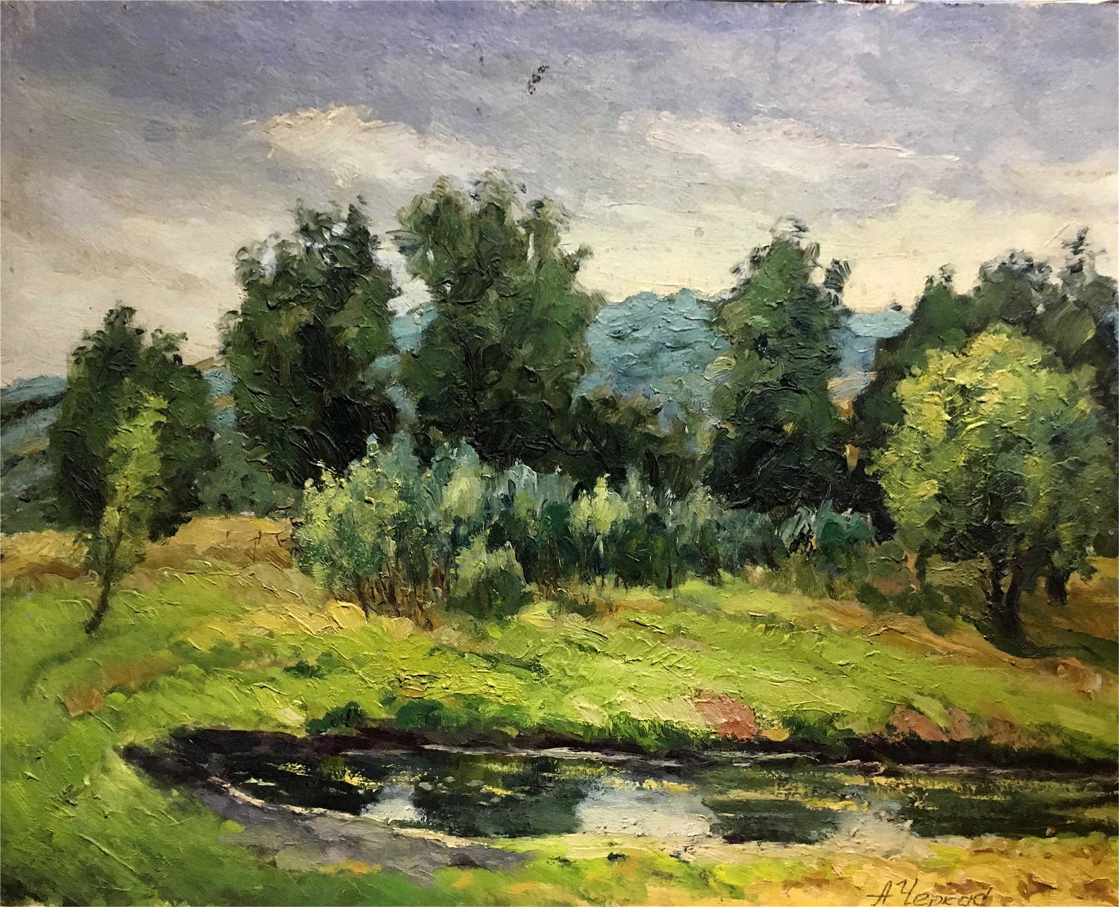 IN STYLE OF Oil double painting summer landscape A. Cherkas: IMPORTANT NOTICE: All of our listed artworks come from trustworthy sources, however, despite the credibility we not always may prove the authenticity of these artworks. Therefore, we must add ""in sty