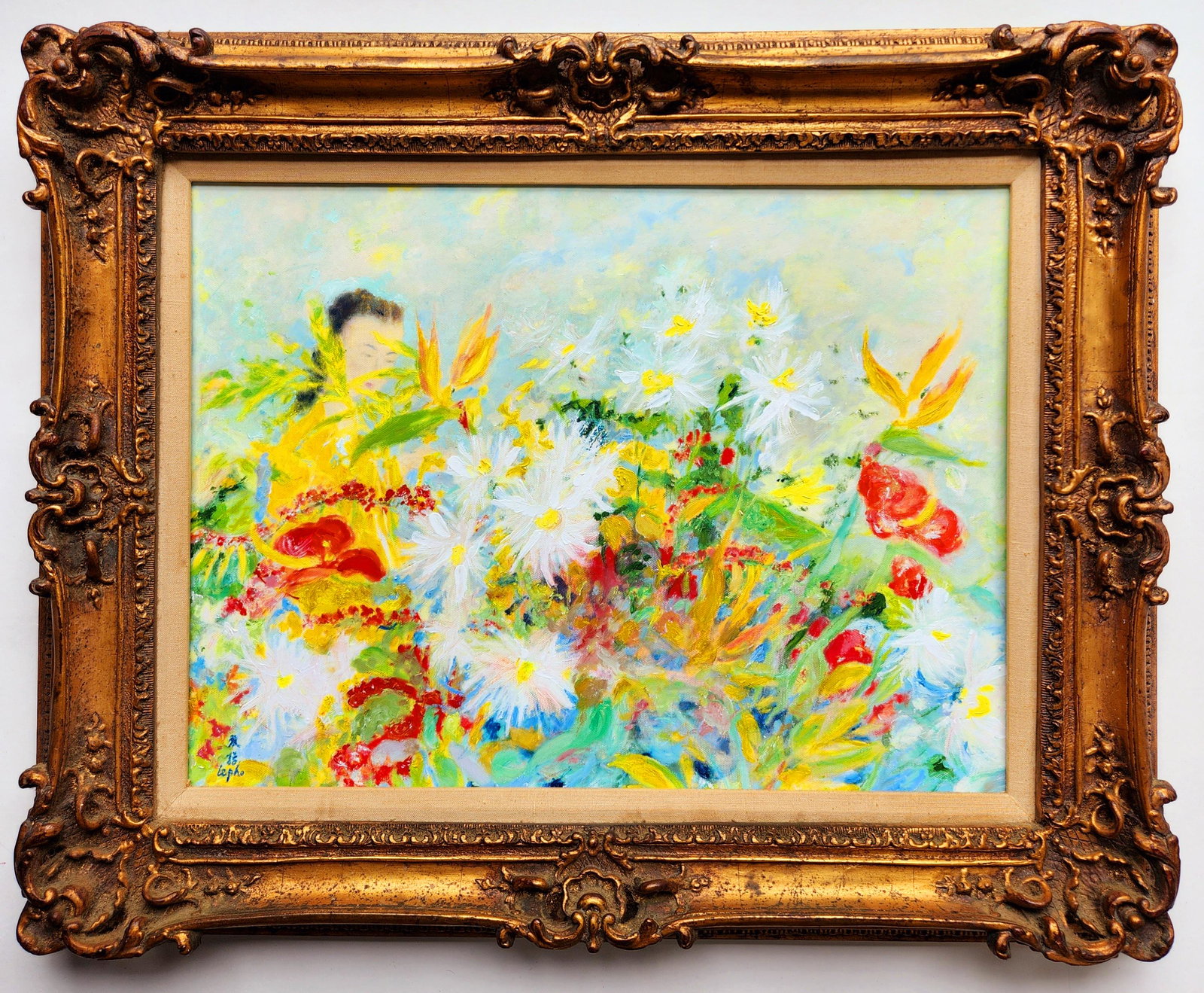 IN STYLE OF LE PHO 1907-2001 FRENCH VIETNAMESE OIL PAINTING ON CANVAS LADY AND FLOWER (1 of 2)