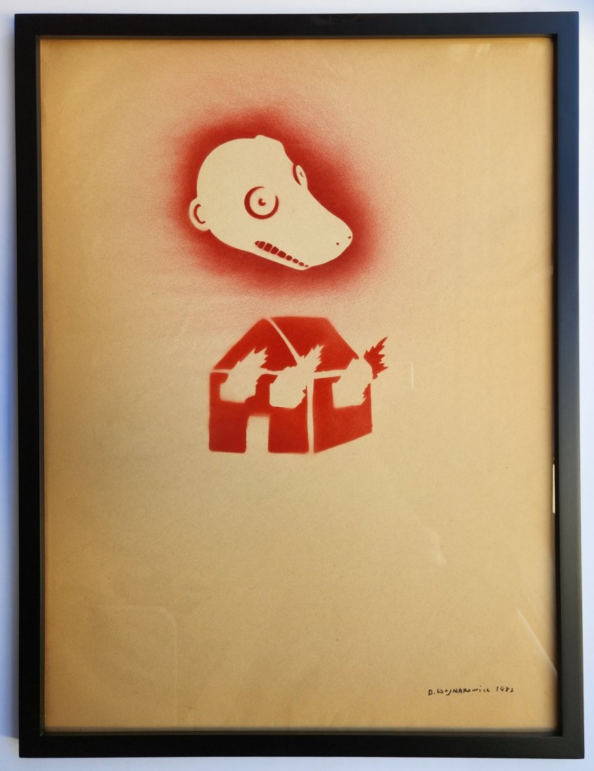 IN STYLE OF DAVID WOJNAROWICZ 1954-1992 STENCIL AND SPARY PAINTING BURNING HOUSE: IMPORTANT NOTICE: All of our listed artworks come from trustworthy sources, however, despite the credibility we not always may prove the authenticity of these artworks. Therefore, we must add in style