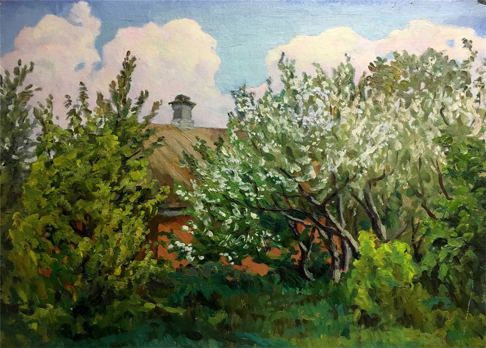 Oil painting summer landscape A. Cherkas: * TITLE: "Summer landscape" * ARTISTS: A. Cherkas * SIZE: 50x66 cm/'19,68Ñ…25,98 inches' * MEDIUM: oil, cardboard * HAND PAINTED: Original painting from our collection * CERTIFICATE OF AUTHENTICITY