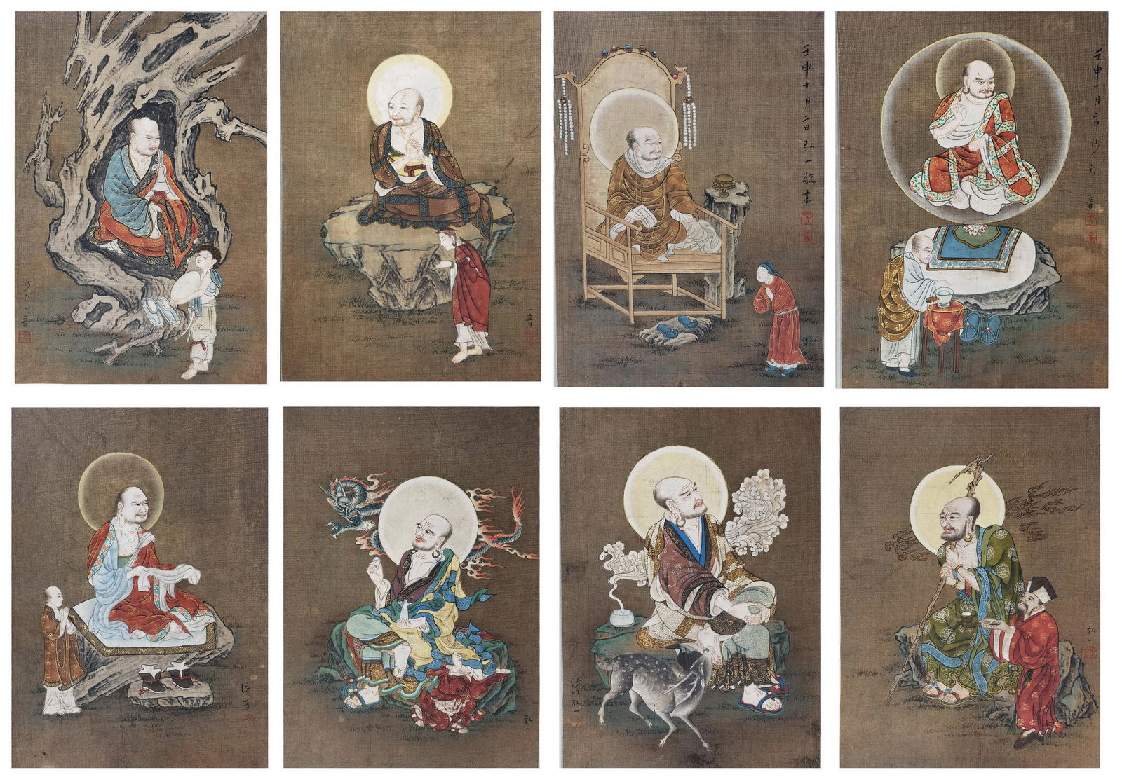 EIGHT PAGES OF CHINESE ALBUM PAINTING OF LOHAN FIGURES SIGNED BY HONGYI (1 of 16)