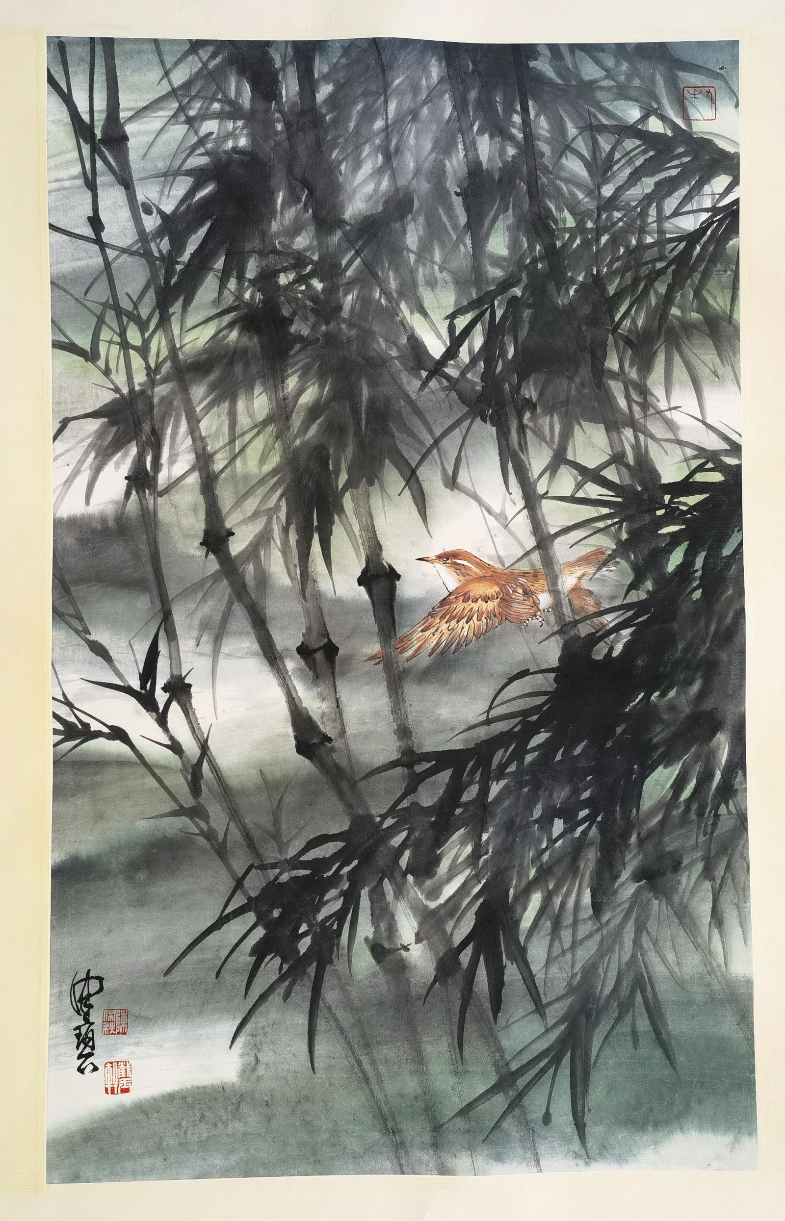 CHINESE SCROLL PAINTING OF BIRD AND BAMBOO SIGNED BY CHEN PEIQIU: CHINESE SCROLL PAINTING OF BIRD AND BAMBOO SIGNED BY CHEN PEIQIU. Image only size 55 cm by 89 cm. Shipping cost $30 to US 48 states and $100 for oversea International delivery. Local pickup at our off