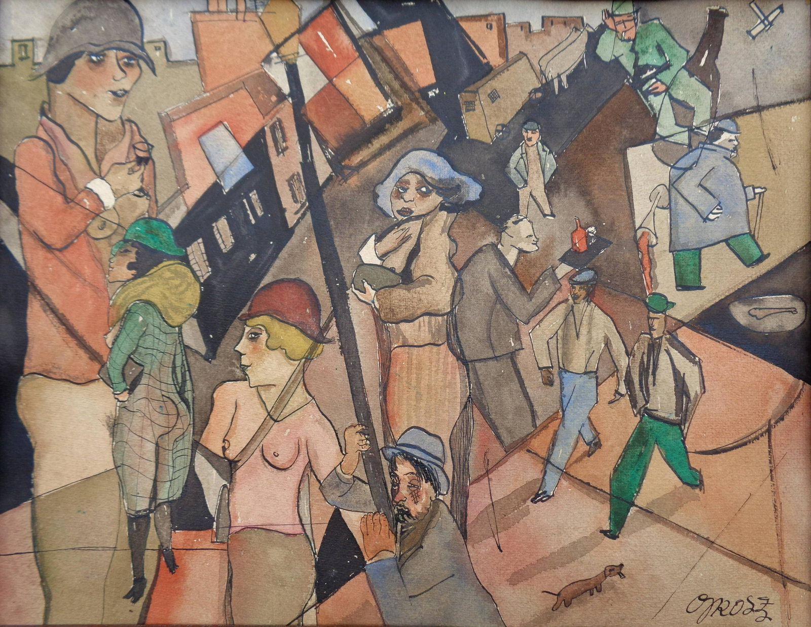 GEORGE GROSZ 1893-1959 GERMAN EXPRESSIONIST WATERCOLOR ON HEAVY PAPER: GEORGE GROSZ 1893-1959 GERMAN EXPRESSIONIST WATERCOLOR ON HEAVY PAPER. Watercolor on Heavy Paper. Image size 40cm by 50cm. With frame 50cm by 58 cm. Frame is somewhat damaged by woodworms, and has a g