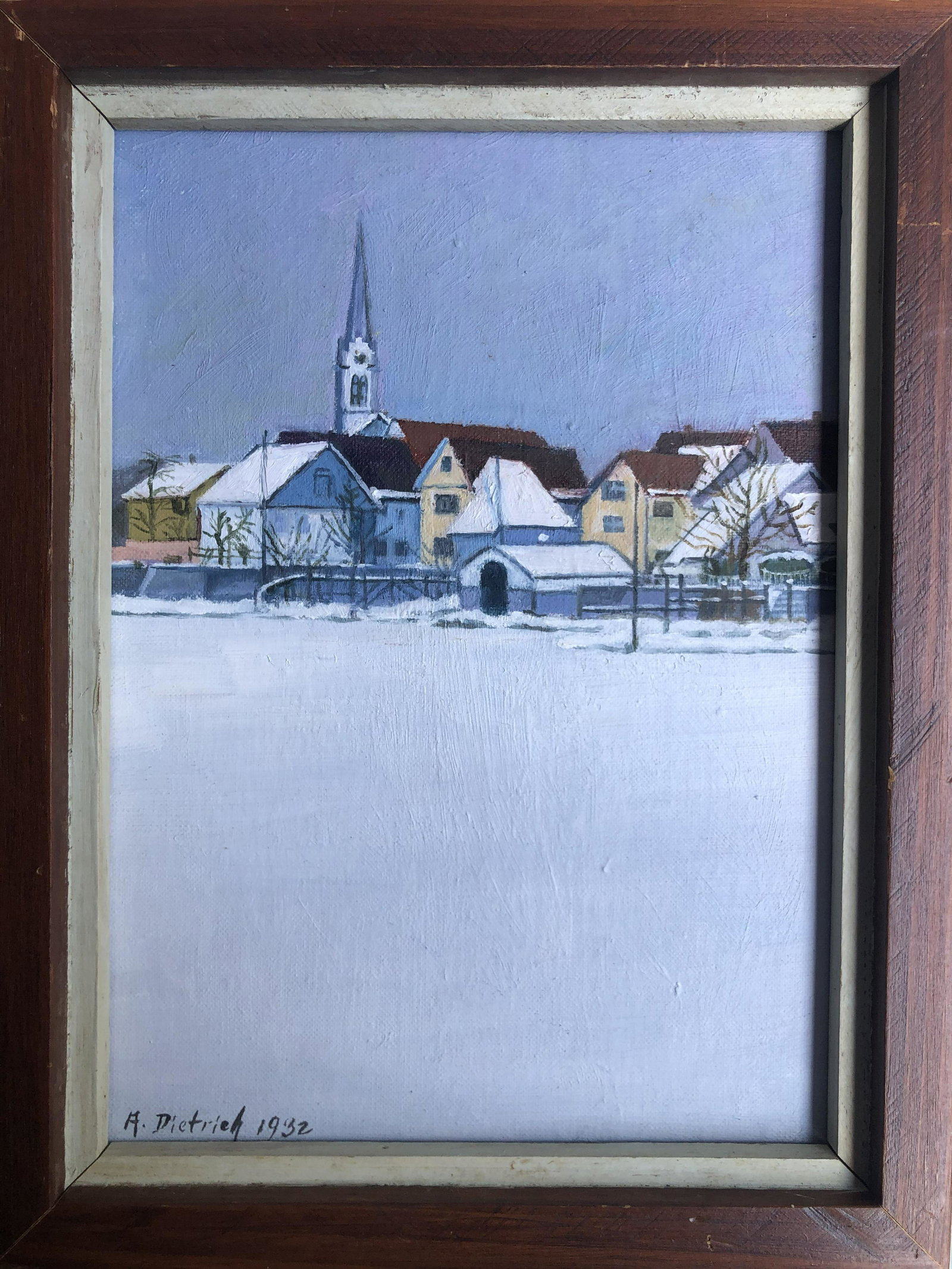 ADOLF DIETRICH 1877-1957 SWISS OIL PAINTING ON BOARD SNOW LANDSCAPE: ADOLF DIETRICH 1877-1957 SWISS OIL PAINTING ON BOARD SNOW LANDSCAPE. Date 1932. Image size 12in by 9in. With frame size 13in by 10in. Adolf Dietrich was born to poor farmers in the canton of Thurgau a