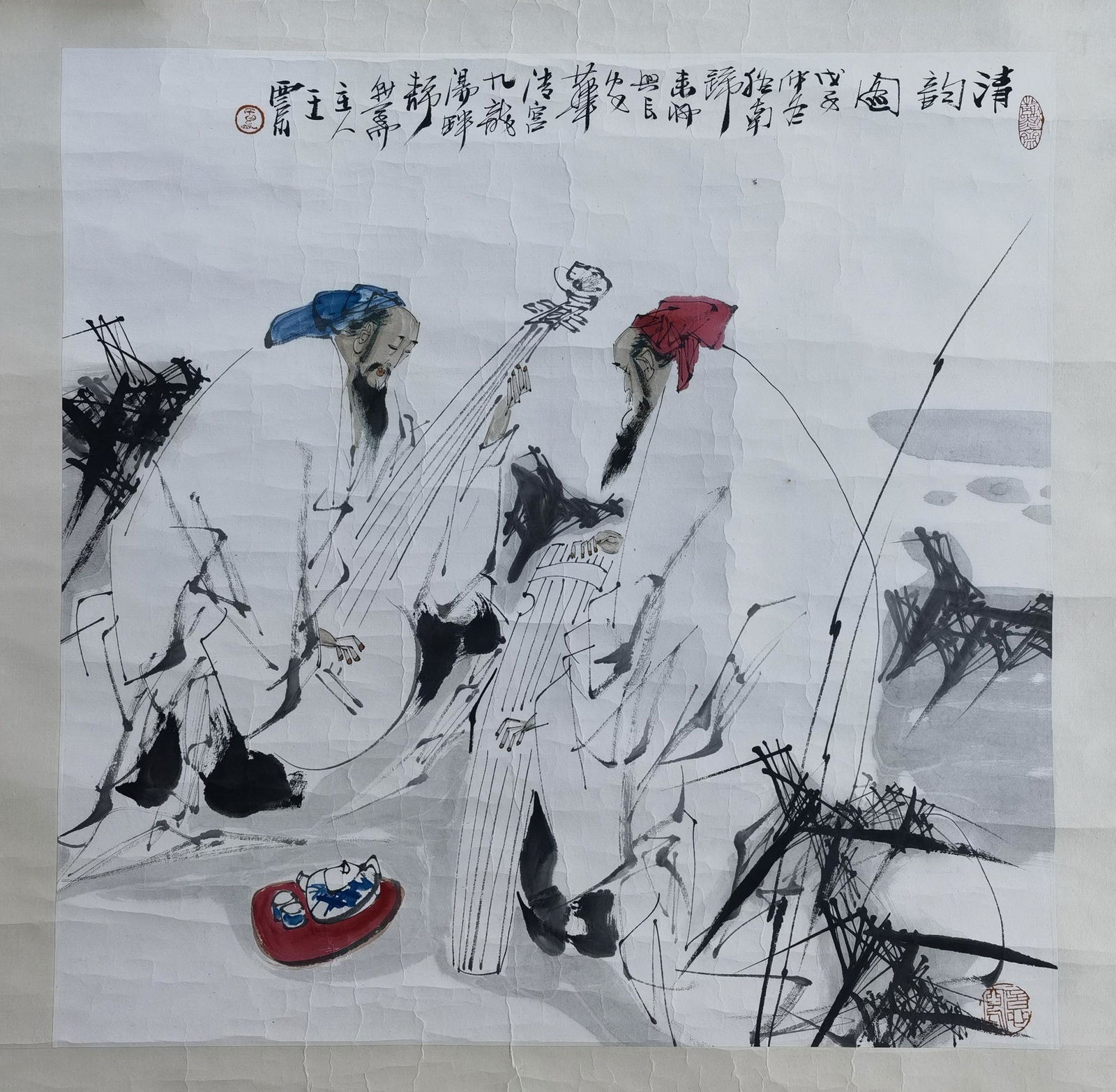 CHINESE SCROLL PAINTING OF TWO MUSICAN SIGNED BY WANG XIJING: CHINESE SCROLL PAINTING OF TWO MUSICAN SIGNED BY WANG XIJING. Image only size 67 cm by 67 cm. Shipping cost $30 to US 48 states and $100 for oversea International delivery. Local pickup at our office