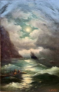 IVAN KONSTANTINOVICH AIVAZOVSKY 1817-1900 RUSSIA MARINE OIL PAINTING ON CANVAS: IVAN KONSTANTINOVICH AIVAZOVSKY 1817-1900 RUSSIA MARINE OIL PAINTING ON CANVAS. Canvas size 120cm by 80cm or 47.24in by 34.9in. Signed on right bottom. Offered unframed.Ivan Konstantin Aivazovsky was