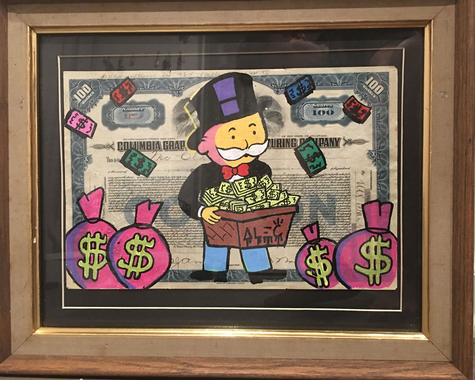 ALEC MONOPOLY ACRYLIC PAINTING ON GENUINE STOCK CERTIFICATE (1 of 6)
