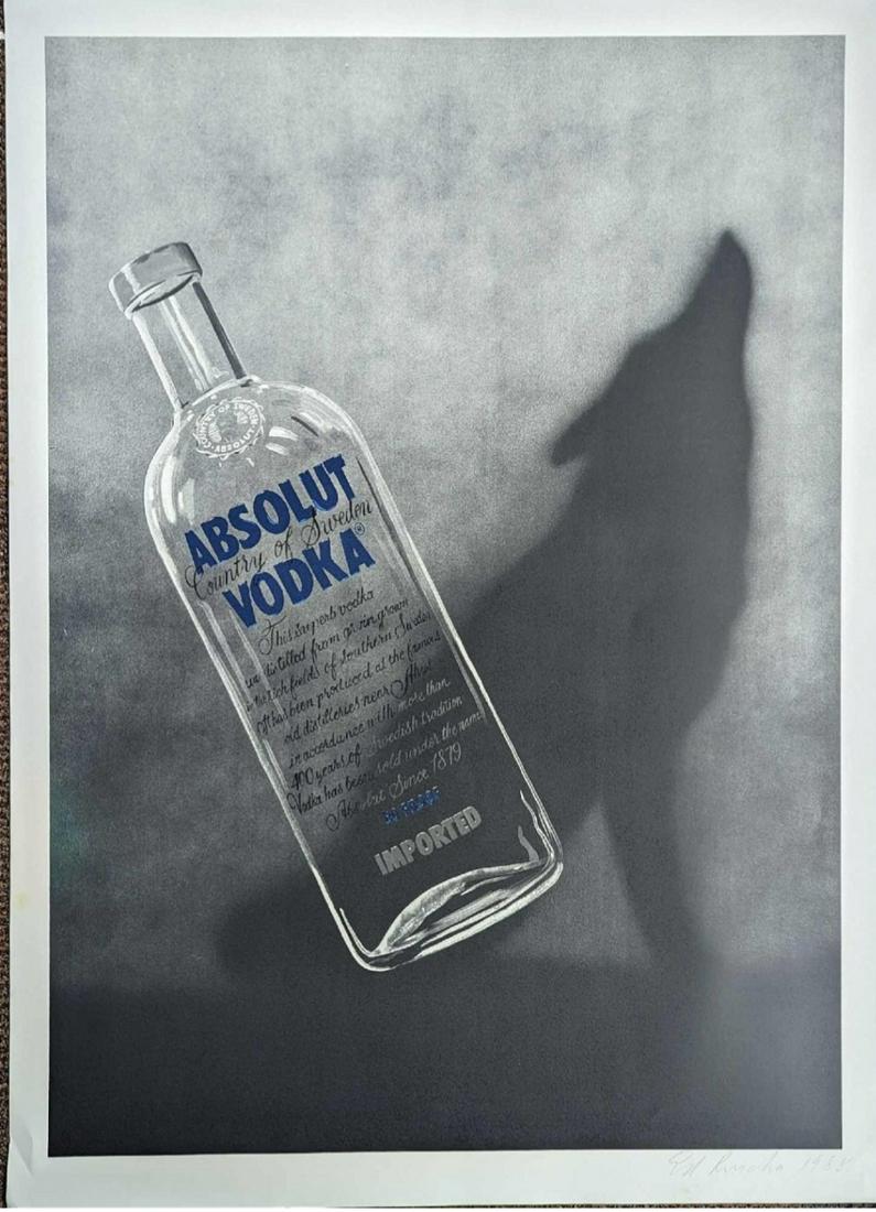 In style of ED RUSCHA B.1937 ABSOLUT VODKA PRINT SIGNED: Note: All of our listed artworks come from trustworthy sources, however, despite the credibility we not always may prove the authenticity of these artworks. All works are not checked and confirmed by