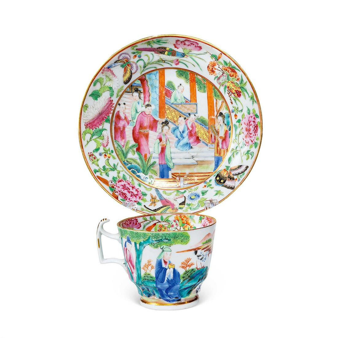 CHINESE EXPORT PORCELAIN FAMILE ROSE FIGURES TEA CUP AND DISH (1 of 1)