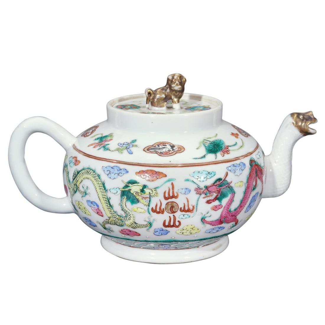 CHINESE PORCELAIN FAMILLE ROSE DOUBLE DRAGON TEA POT QING DYNASTY (1 of 1)