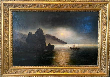 IVAN KONSTANTINOVICH AIVAZOVSKY 1817-1900 RUSSIA MARINE OIL PAINTING ON CANVAS: IVAN KONSTANTINOVICH AIVAZOVSKY 1817-1900 RUSSIA MARINE OIL PAINTING ON CANVAS. Image size 64cm by 37cm or 25in by 14.5in. Signed on right bottom.Ivan Konstantin Aivazovsky was a Russian-Armenian