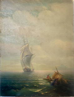 IVAN KONSTANTINOVICH AIVAZOVSKY 1817-1900 RUSSIA MARINE OIL PAINTING ON CANVAS: IVAN KONSTANTINOVICH AIVAZOVSKY 1817-1900 RUSSIA MARINE OIL PAINTING ON CANVAS. Canvas size 100cm by 80cm or 39.4in by 31.49in. Signed on right bottom. Offered unframed. Ivan Konstantin Aivazovsky was