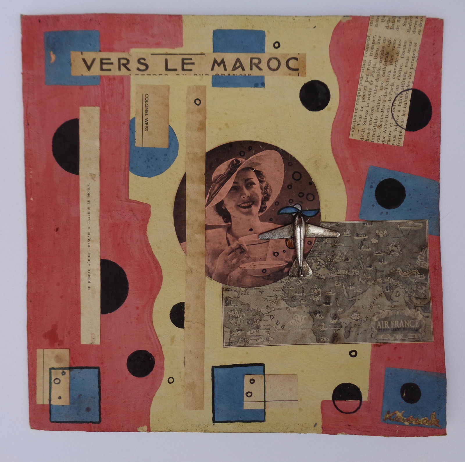 LAJOS KASSAK 1887-1967 HUNGARIAN MIXED MEDIA COLLAGE ON CARDBOARD: LAJOS KASSAK 1887-1967 HUNGARIAN MIXED MEDIA COLLAGE ON CARDBOARD. Lajos Kassak Hungarian mixed media collage on cardboard.A mixed media collage and paint on cardboard, plus a tin plane. Some minor lo