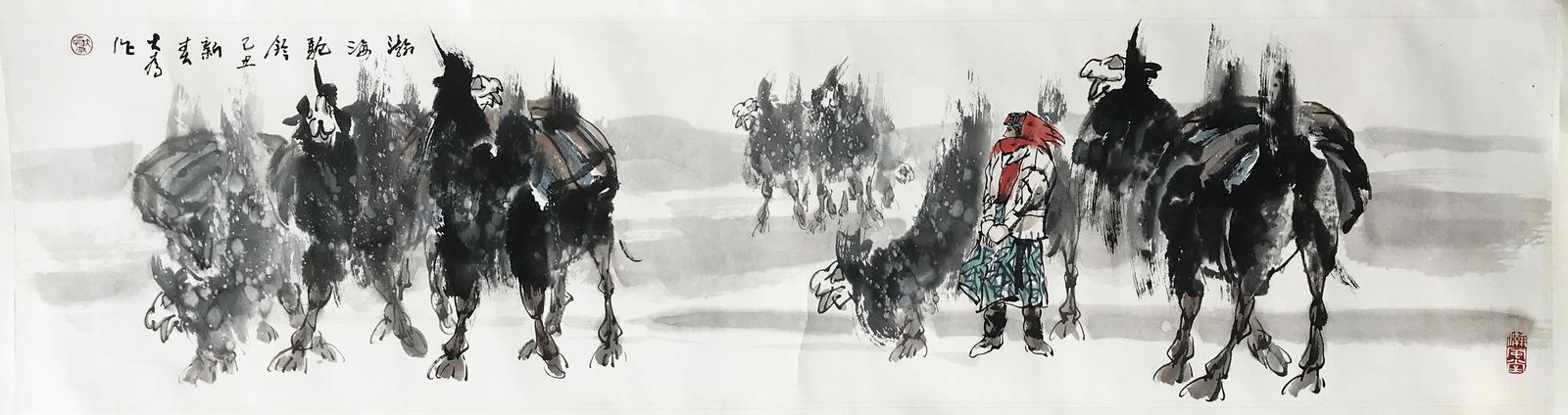 CHINESE SCROLL PAINTING OF GIRL AND CAMEL SIGNED BY LIU DAWEI: CHINESE SCROLL PAINTING OF GIRL AND CAMEL SIGNED BY LIU DAWEI.Image only size 33cm by 138cm. Shipping cost $30 to US 48 states and $100 for oversea International delivery. Local pickup at our office a