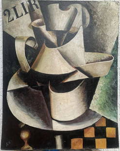 LIUBOV SERGEEVNA POPOVA 1889-1924 RUSSIAN CUBISM OIL ABSTRACT PAINTING ON CANVAS: LIUBOV SERGEEVNA POPOVA 1889-1924 RUSSIAN CUBISM OIL ABSTRACT PAINTING ON CANVAS. Measurements of image 49cm by 39cm or 19.29in by 15.35in. Liubov Popova was born April 24, 1889, near Moscow. After gr