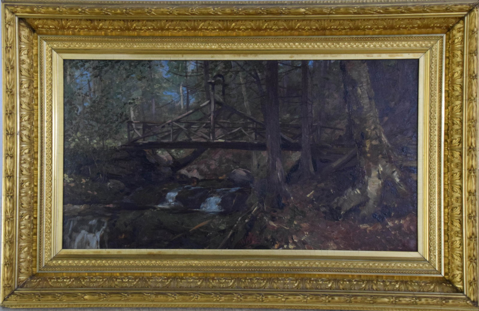 Bridge over brook landscape by William Preston Phelps: An oil on canvass painting of a bridge over a brook, by fine American painter William Person Phelps. A native to New Hampshire, he started as a sign painter before diving into painting landscapes, he 