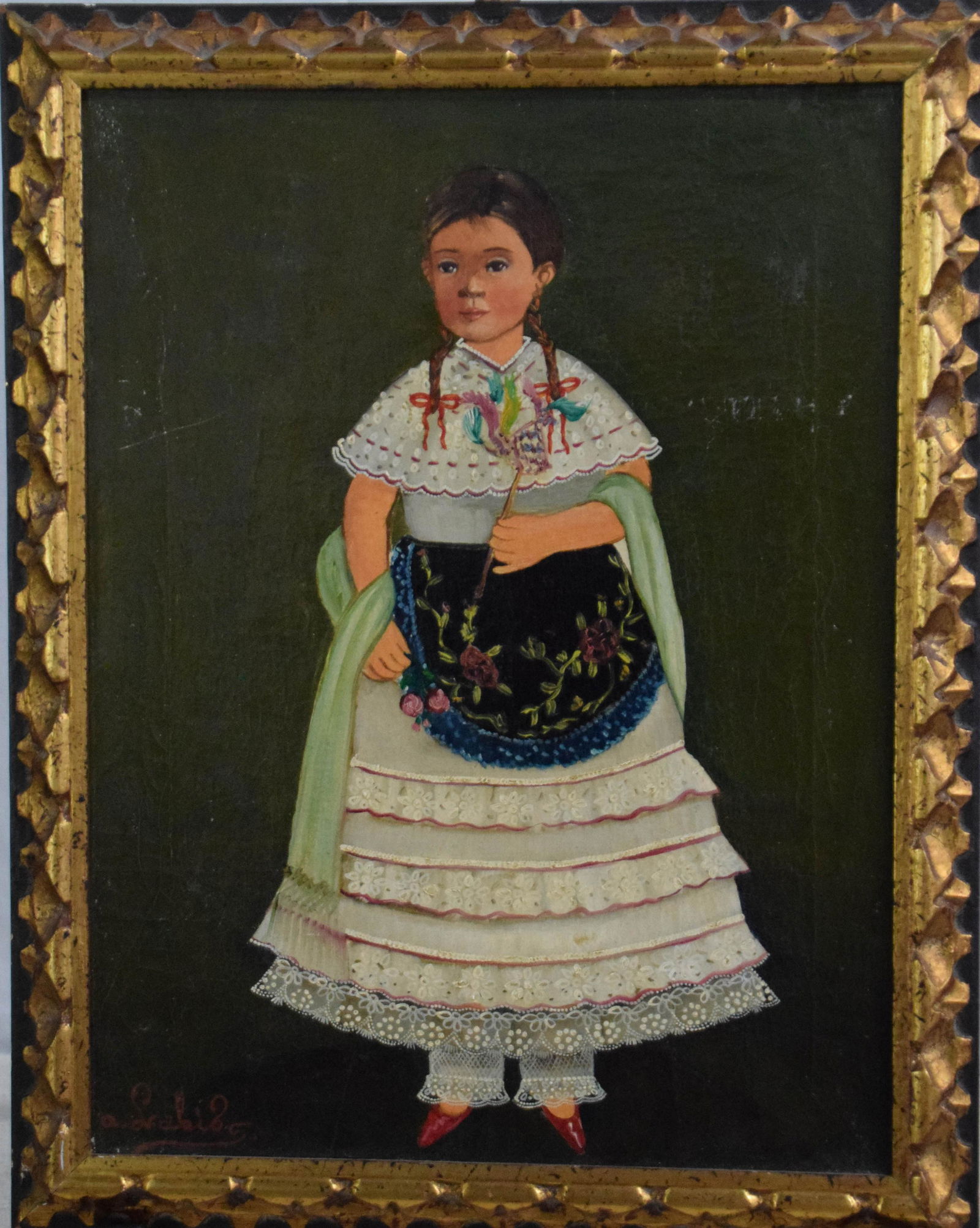 Agapito Labios Portrait: This lovely portrait of a young girl wearing a white dress with a blue floral wrap was painted by the Mexican artist Agapito Labios. Agapito was in prison during the Mexican Revolution where he learne