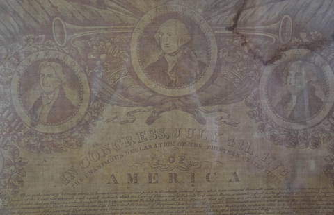 Cloth Declaration of Independence: Rare 1821 printing of The Declaration of Independence on cloth. Produced and distributed by Robert & Colin Gillespie for the American market. There are facsimile signatures of the signers and the 13 s