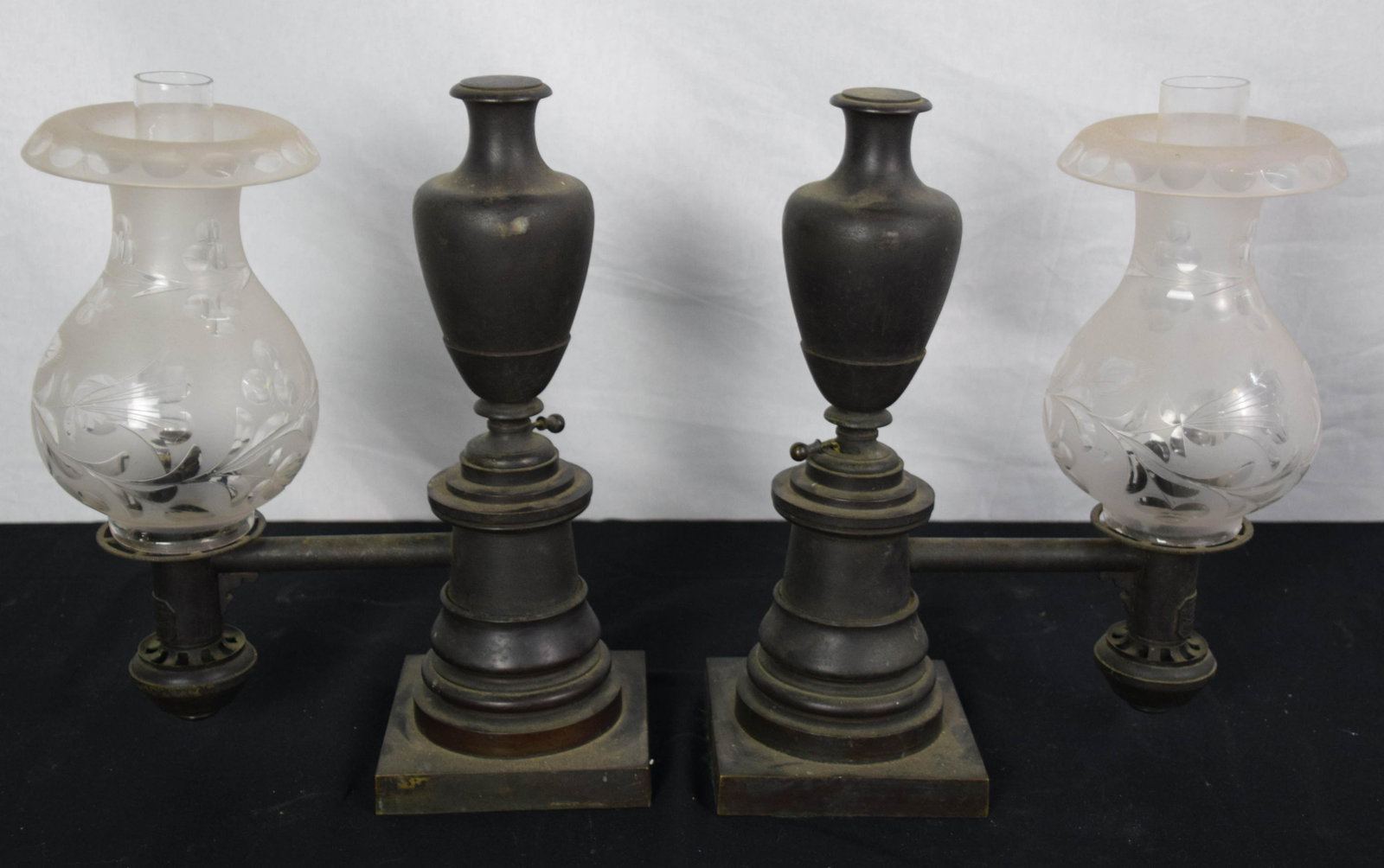 Pair of Argands made by Messenger for Alfred Welles of: Rarely does one find classical lighting in its original untouched condition. These argands have not been polished, repatinated, electrified, etc. They may be filled with oil with a new wick and actual