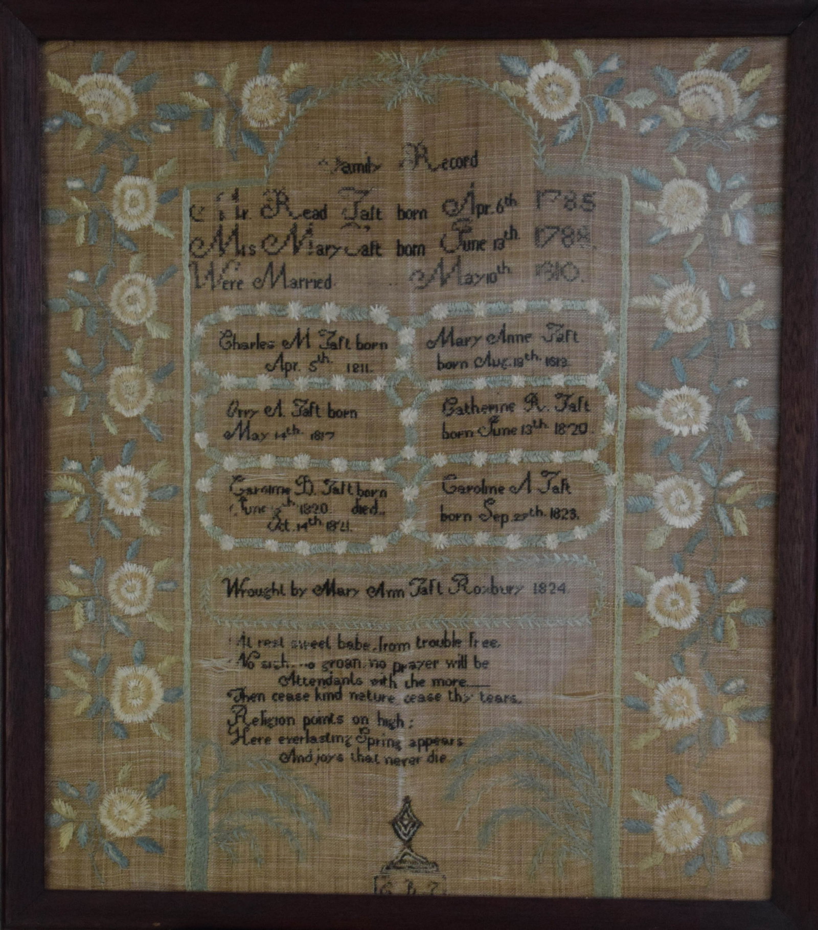 Needle Work: Family register made by Mary Ann Taft of Roxbury MA in 1824. Dimensions: 20' x 17"
