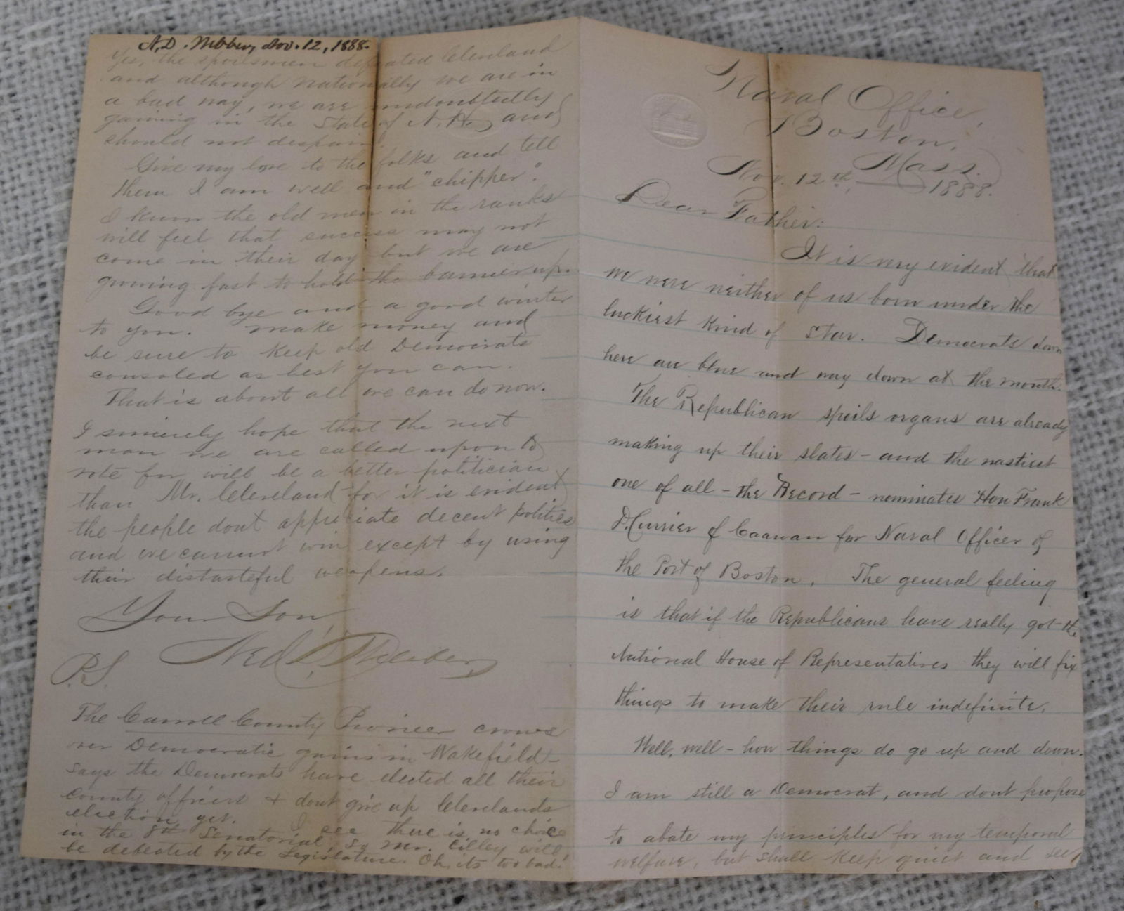 Naval Office Letter: Letter from the naval office in Boston, Nov 12, 1888. The letter regrets the Democratic losses in November 1888 including president Cleveland. " Republican spoils organs are already making up their sl