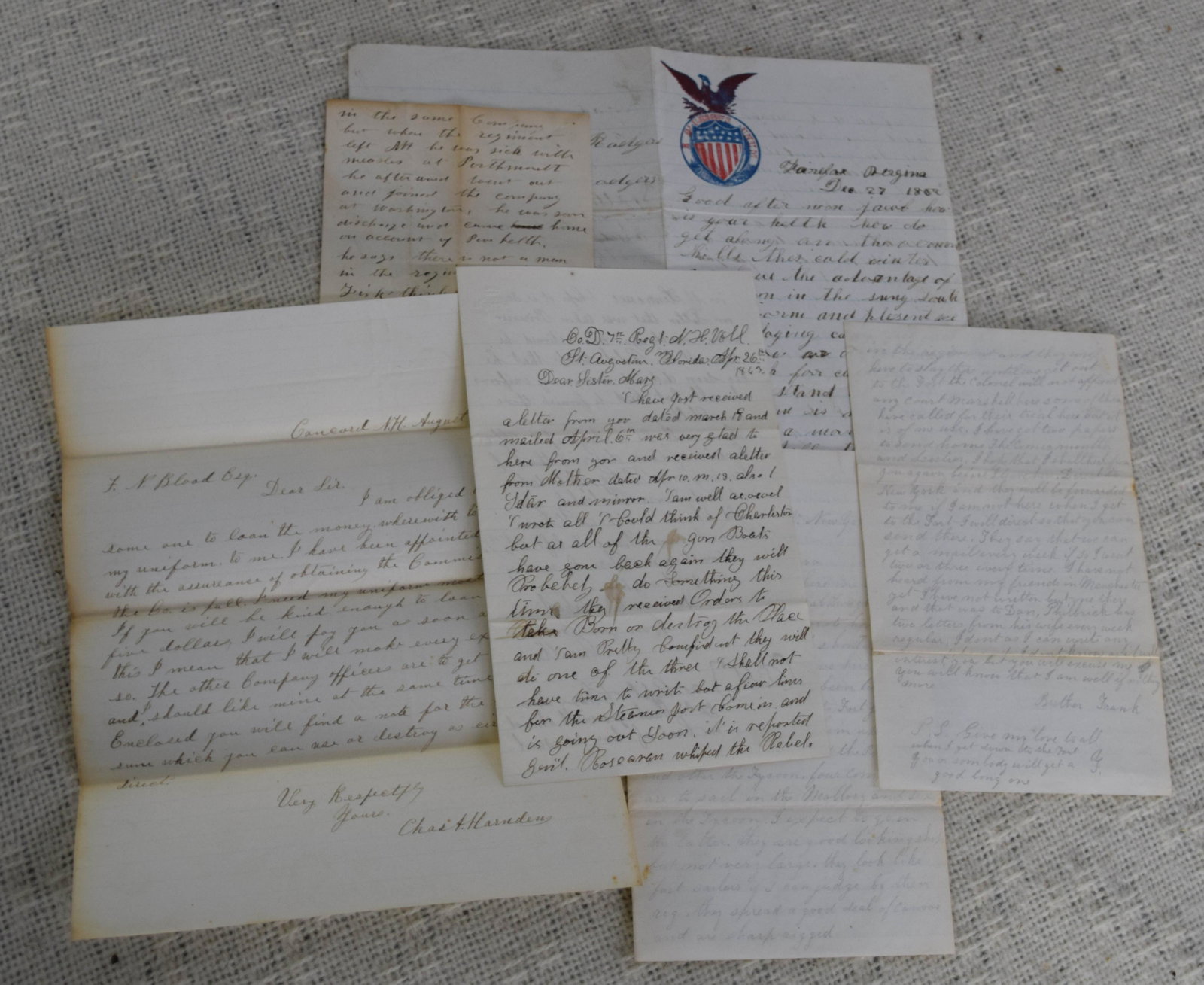Collection of Civil War letters/Civilian Diary: Seven letters mostly from the 7th NH Regiment ( Florida/ SC) and another NH regiment in the Peninsular Campaign. Letters are full of content--some naive at the beginning-" I wish I was in a bayonet ch