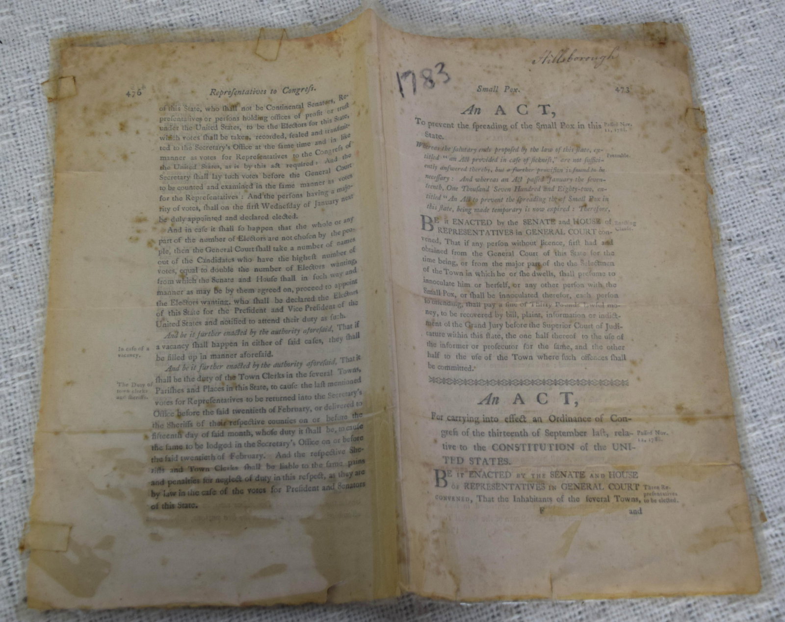 Small Pox Act of 1788: 1788 Act to stop the spread of Small Pox in New Hampshire. Essentially a fine for anyone inoculating someone without a license.