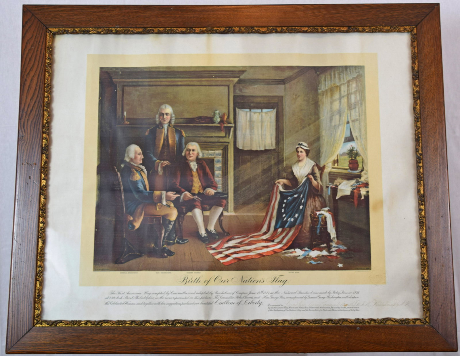 Betsy Ross Lithograph: Lithograph titled "Birth of the Nation", with Betsy Ross Signed by the Franklin Pierce Council,. Dimensions 32" x 26".