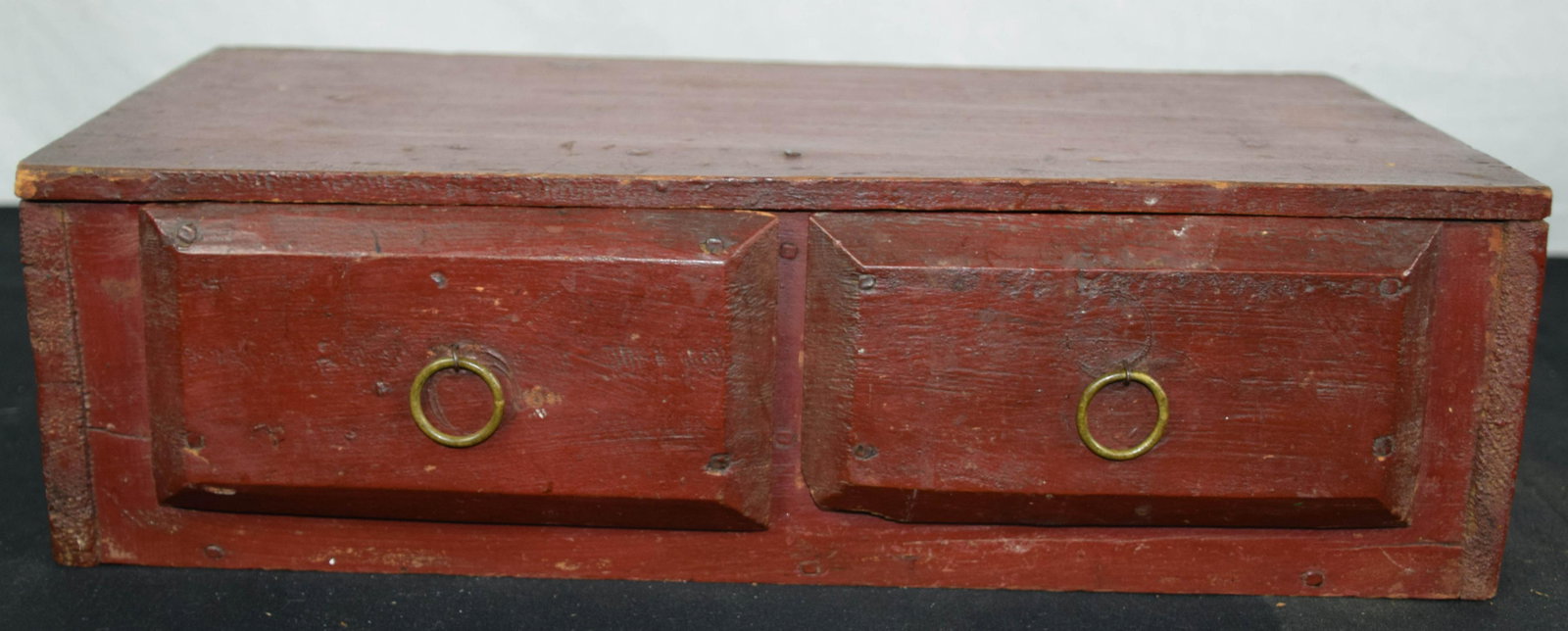 Early Dresser-top Box: Early country dresser-top box with two drawers. Original red paint - 16 in. length